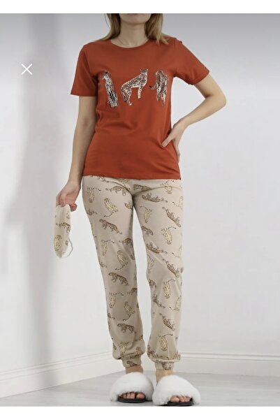 Clariss Leopard Patterned Brick Color Pajama Set (Eye Patch Included)