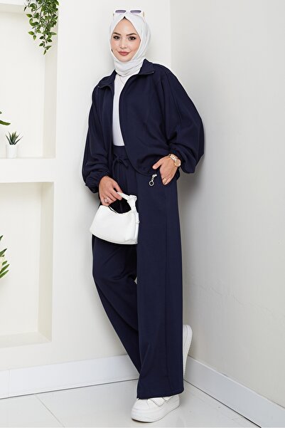 Bestenur Zippered Oversize Suit 1595 - Navy Blue