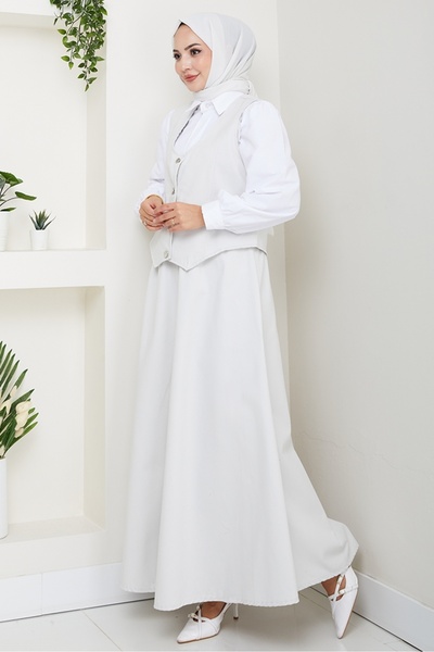 Bestenur Double Gabardine Vest Skirt Set 1400 - Gray