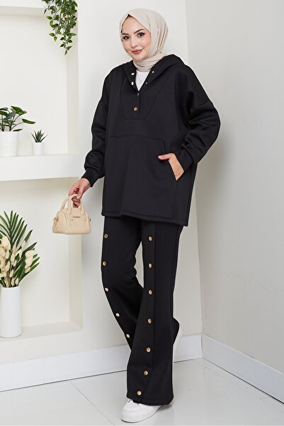 Bestenur Hooded Button Detailed Scuba Suit 1592 - Black