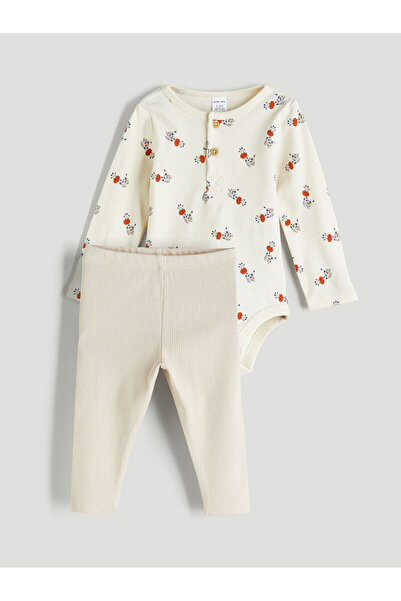 LC Waikiki Ecru Printed Baby Boy Snap-On Bodysuit and Leggings 2-Piece Set