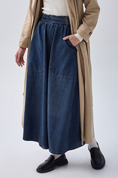 ZÜLAYS Yandan Tokalı Denim Etek Mavi