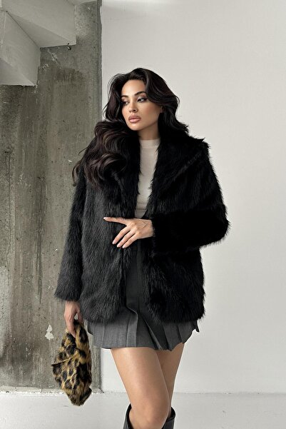 Serica Moda Palton de pluș căptușit cu blană artificială neagră