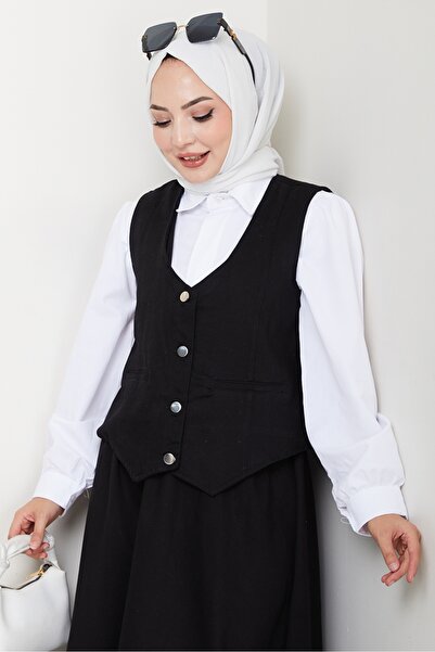 Bestenur Double Gabardine Vest Skirt Set 1400 - Black