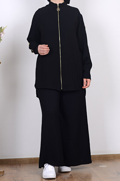 Armine 25YT654 Siyah Kadın Kolları Halka Detaylı Pantolonlu İkili Takım