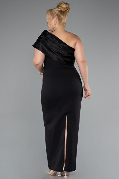 Abiyefon Siyah Tek Omuz Taşlı Midi Büyük Beden Davet Elbisesi ABK2414
