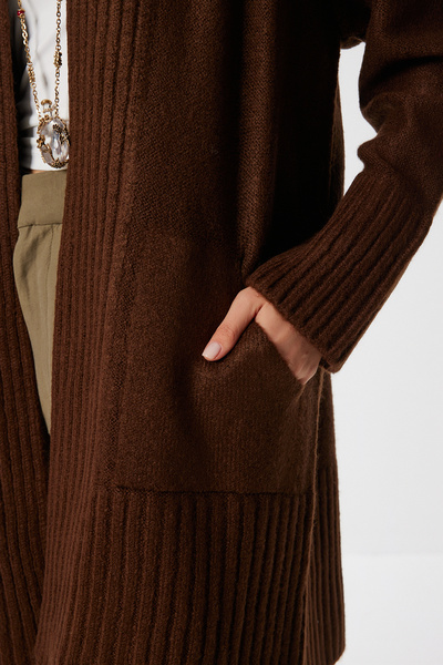 Lovelyİstanbul Dlouhý pletený kardigan s kapsami LZA0014 HNĚDÝ