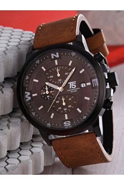 T5 Saat T5 Men's Wristwatch – Brown Leather Band – Black Case – Multifunctional – 2 Years Warranty