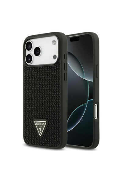 Guess Carcasă pentru iPhone 17 Pro Max cu logo triunghiular și strasuri, neagră