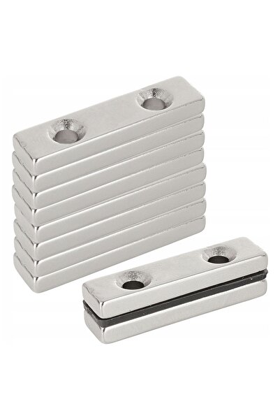 zola Σετ 10 ορθογώνιων μαγνητών, νεοδυμίου, 2 οπές για βίδες, 40 x 10 x 4 mm, ασημί