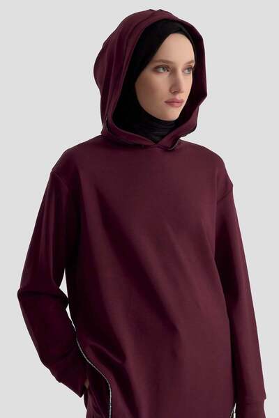 Armine 25Kt603 Burgundy Women's Hooded Two-Thread Stone Pants Suit