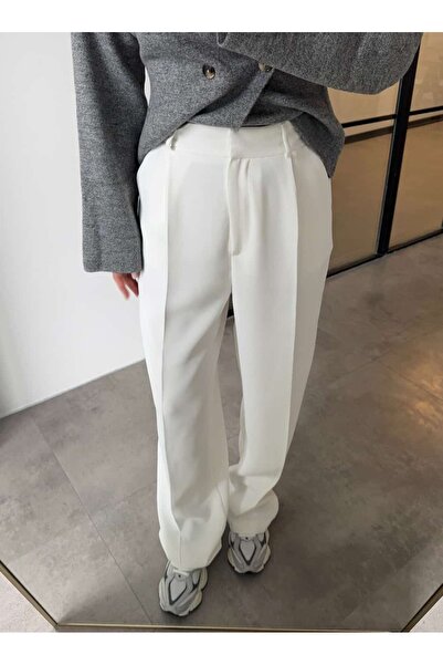 BB Bensu Buyruk PREMİUM YÜKSEK BEL TOK KUMAŞ BEYAZ PALAZZO PANTOLON