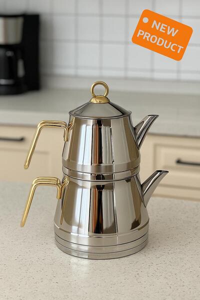 DOWRY STİL Vival Family Size Gold 4 Piece Teapot Set 18/10 1.00 Lt 2.00 Lt