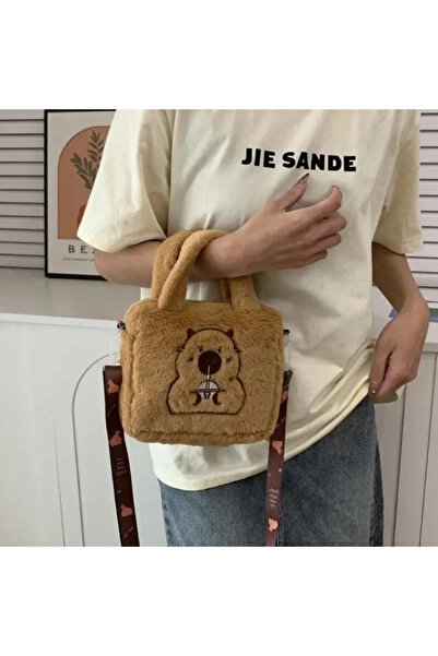 Mucha Sevimli Kapibara Peluş Omuz Çantası - Haki, Ayarlanabilir Askılı, Crossbody Çanta Fermuarlı