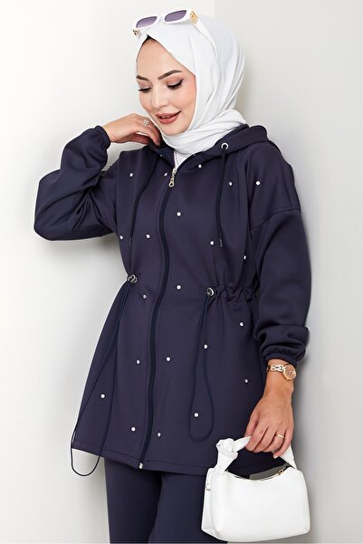 Bestenur Stone Detail Tunnel Belted Scuba Suit 1594 - Navy Blue