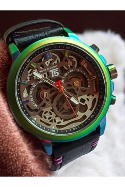 T5 Saat T5 Men's Wristwatch – Rainbow Case – Black Leather Band – Skeleton Transparent Dial – Multifunctional