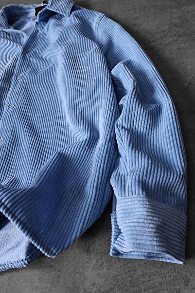 Slatra Ανδρικό πουκάμισο μπλε υπερμεγέθη από βελούδινο ύφασμα