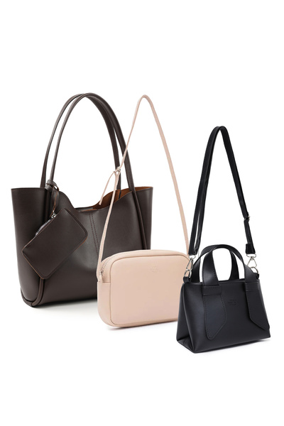 SHAKA Kahverengi/Vizon/Siyah SHK253 Suni Deri El Kol ve Omuz 3'lü Çanta Seti ...