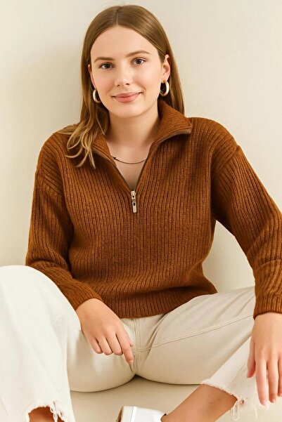 Genel Markalar Yeni Sezon Kadın Yarım Fermuarlı Ribana Triko Kazak