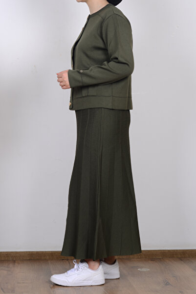 Armine 25YTD6120 Haki Kadın Cep Detaylı Etekli Triko Takım