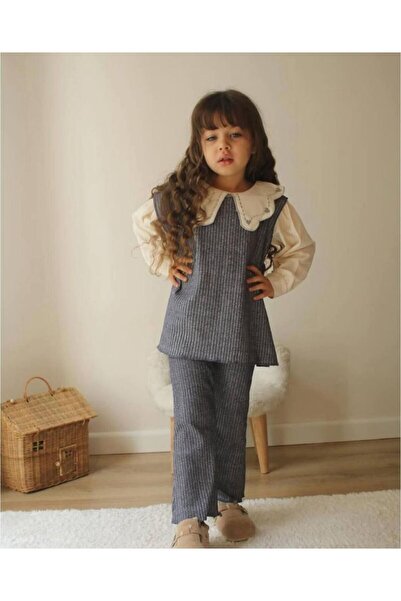 Butik Kız Çocuk Yaka Detaylı Fitilli 3 Parça Yelekli Takım Pamuklu