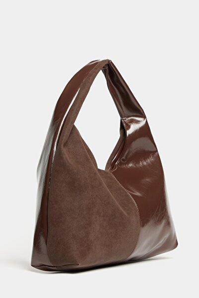 Madamra Brown Suede and Patent Leather Contrast Women's Shopper Shoulder Bag – Soft Form Vintage Model