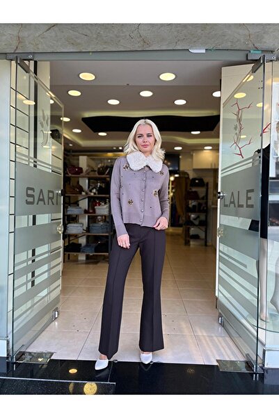 Unique Tricot Cardigan with Fur Collar