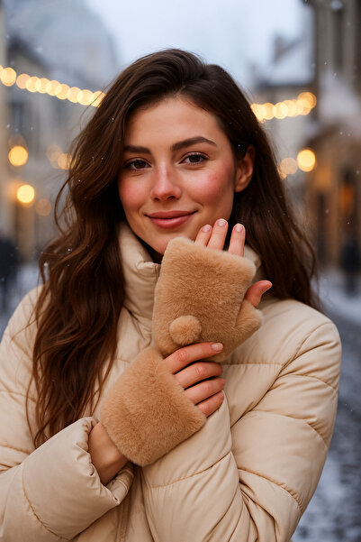 Adorisse Kadın Camel Kesik Peluş Eldiven ELD33