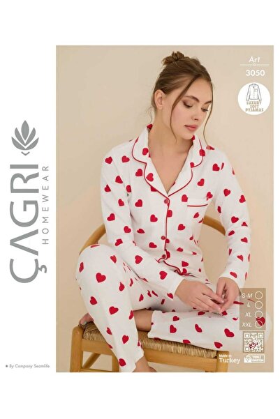 Çağrı Women's Heart Patterned Soft Buttoned Long Sleeve Pajama Set