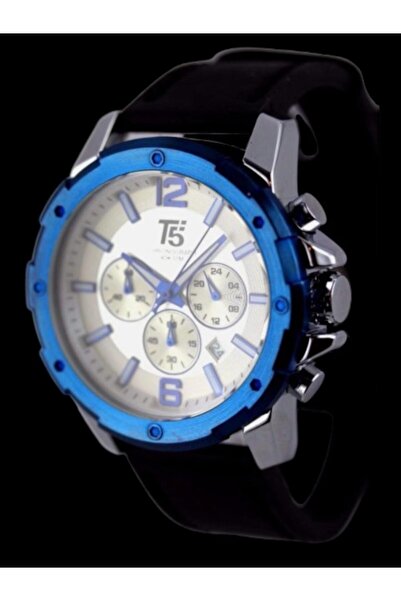 T5 Saat T5 Men's Wristwatch – Black Leather Band – Blue Bezel – White Dial – Multifunctional