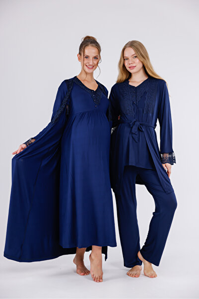 Lohusa Dünyasi Kadın Lacivert Dantelli Bisiklet Yaka Lohusa Hamile Gecelik Sa...