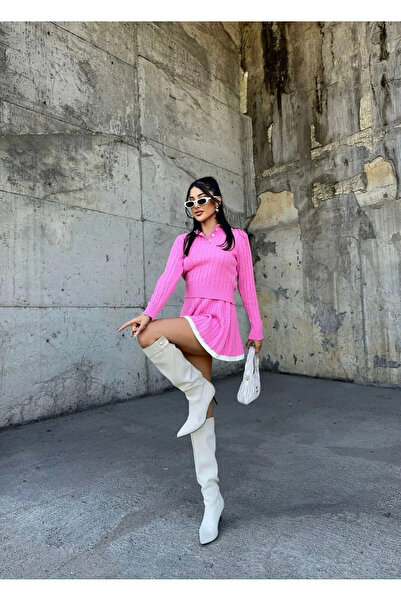 MODAMERSİ Női rózsaszín póló nyakú csíkos részlettel ellátott szoknya pulóver kétrészes szett