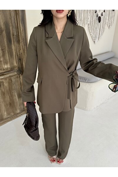 MYGİYİMİSTANBUL Blazer Jacket Wide Leg Pants Set with a Wide Fabric Belt Tied at the Waist