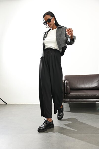 5in1Canpolat Black Pleated Palazzo Pants 51212