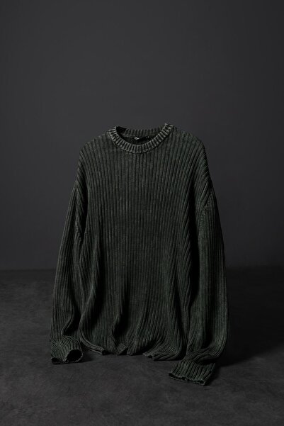 Slatra Men's Khaki Washed Ribbed Wool Blend Crew Neck Oversize Sweater