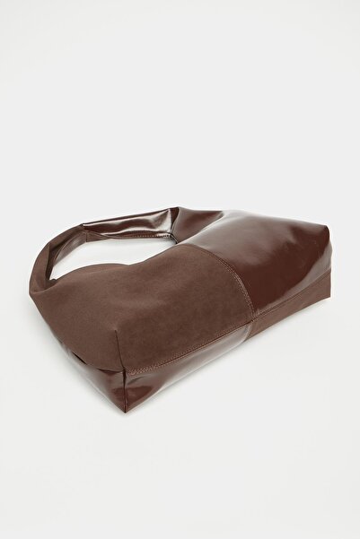 Madamra Brown Suede and Patent Leather Contrast Women's Shopper Shoulder Bag – Soft Form Vintage Model