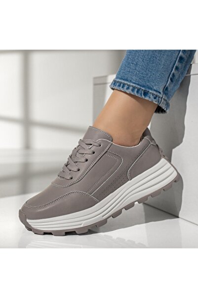 Modlet.ro Pantofi sport gri din piele cu șireturi pentru femei MOD12976