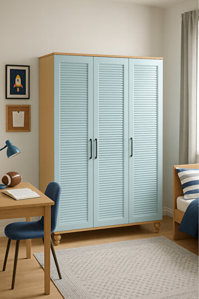 arionkids Mavi 3 Kapaklı Dolap | %100 MDF | REHAU Kapaklı | Ağaç Ayaklı