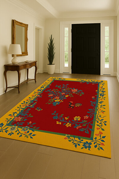 Rugs Modern Halı Διακοσμητικό χαλί MOSSO με σχέδιο κόκορα και κίτρινο περίγρα...