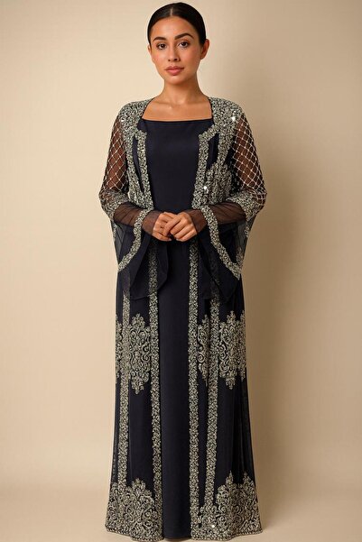 KIBRA DESİGN Kadın Lacivert El İşçiliği Taş İşlemeli Pelerinli Uzun Abiye Elbise – Gabardin, Özel Gün ve Davet