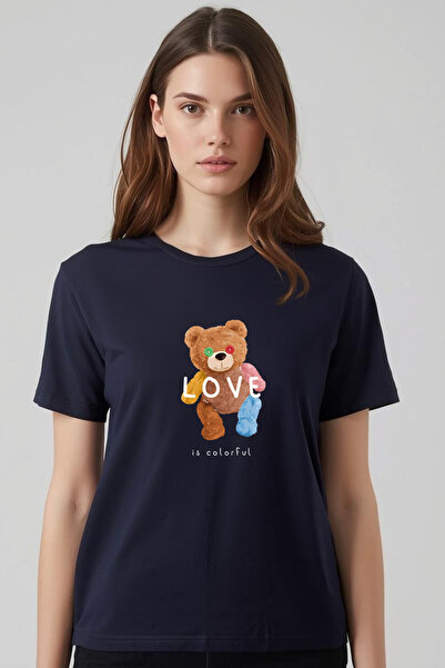 DK DAKSEL Tricou oversize pentru femei cu imprimeu Love Teddy Bear, bleu marin.
