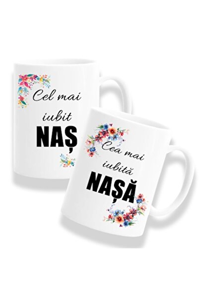 OEM Set de 2 căni personalizate pentru nași cu mesajul: „Cea mai iubită nașă,...