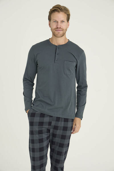 KLY %100 Pamuk Erkek Büyük Beden Midi Yaka Pijama Takımı Şık Tasarım