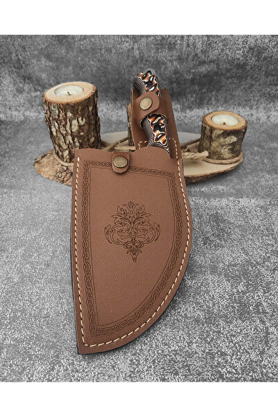 Craftique Yatağan %100 El Yapımı Dövme Çelik Özel Deri Kılıflı Mutfak ve Outdoor Almazan Serisi Şef Satırı