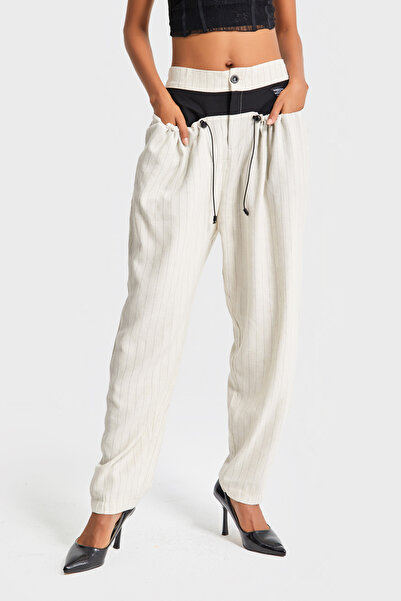 its basic Жіночі бежеві смугасті широкі штани особливого дизайну