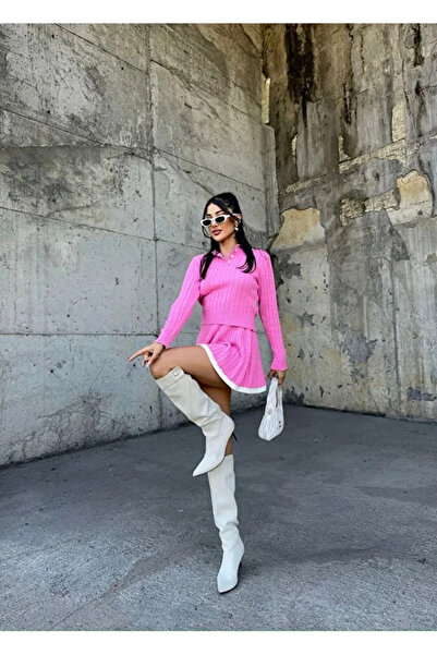 MODAMERSİ Női rózsaszín póló nyakú csíkos részlettel ellátott szoknya pulóver kétrészes szett