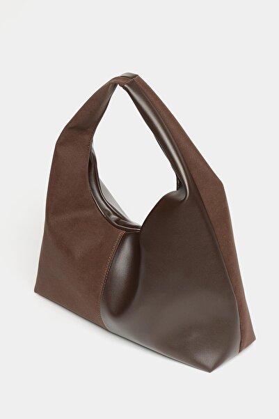 Madamra Brown Suede and Pu Leather Contrast Women's Shopper Shoulder Bag – Soft Form Vintage Model