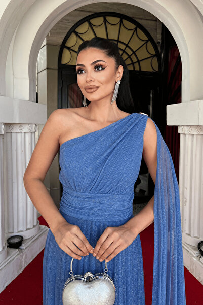 giyimmasalı Срібляста тюлева тканина з плісированими деталями, вечірня сукня - ІНДИГО СИНІЙ