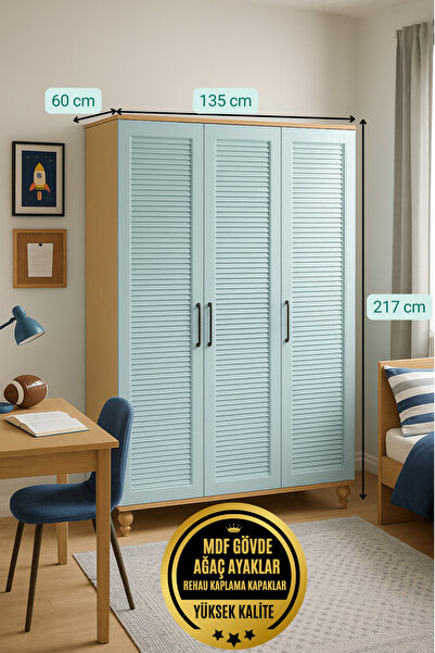arionkids Mavi 3 Kapaklı Dolap | %100 MDF | REHAU Kapaklı | Ağaç Ayaklı
