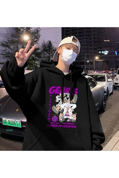 Le Savu Gear 5 cu imprimeu Culoare neagră cu glugă Swea tricou